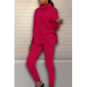Lovely Casual Turtleneck Wine Red Two-piece Pants 