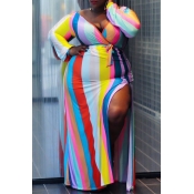 Lovely Casual Striped Slit Multicolor Floor Length