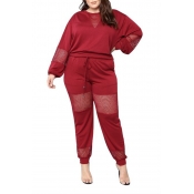 Lovely Casual O Neck Patchwork Red Plus Size Two-p