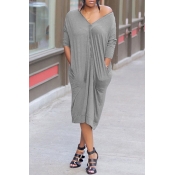 Lovely Trendy Pockets Design Grey Mid Calf Dress
