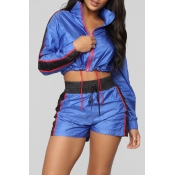 Lovely Casual Patchwork Blue Two-piece Shorts Set