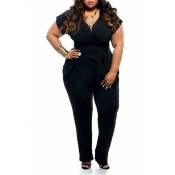 Lovely Plus Size Trendy V Neck Black One-piece Jum