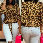 Lovely Casual V Neck Leopard Printed Brown Blouse