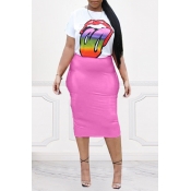 Lovely Casual Lip Printed Pink Two-piece Skirt Set