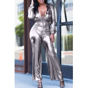 Lovely Sexy Deep V Neck Silver One-piece Jumpsuit