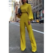 Lovely Casual Puff Sleeves Yellow One-piece Jumpsu