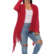 Lovely Casual Tassel Design Red Plus Size Coat