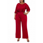 Lovely Casual Hubble-bubble Sleeves Red Plus Size 