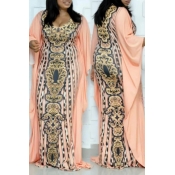 Lovely Temperament V Neck Printed Pink Floor Lengt