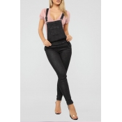 Lovely Casual Pocket Patched Black One-piece Jumps