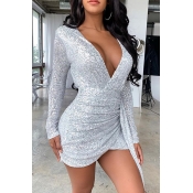Lovely Party Deep V Neck Silver Mini Prom Dress