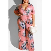 Lovely Casual Printed Pink Plus Size One-piece Jum