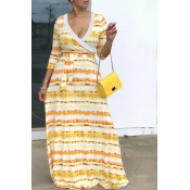 Lovely Casual V Neck Printed Yellow Floor Length D