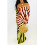 Lovely Trendy Striped Printed Wine Red Floor Lengt