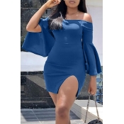 Lovely Trendy Flounce Design Dark Blue Mini Dress