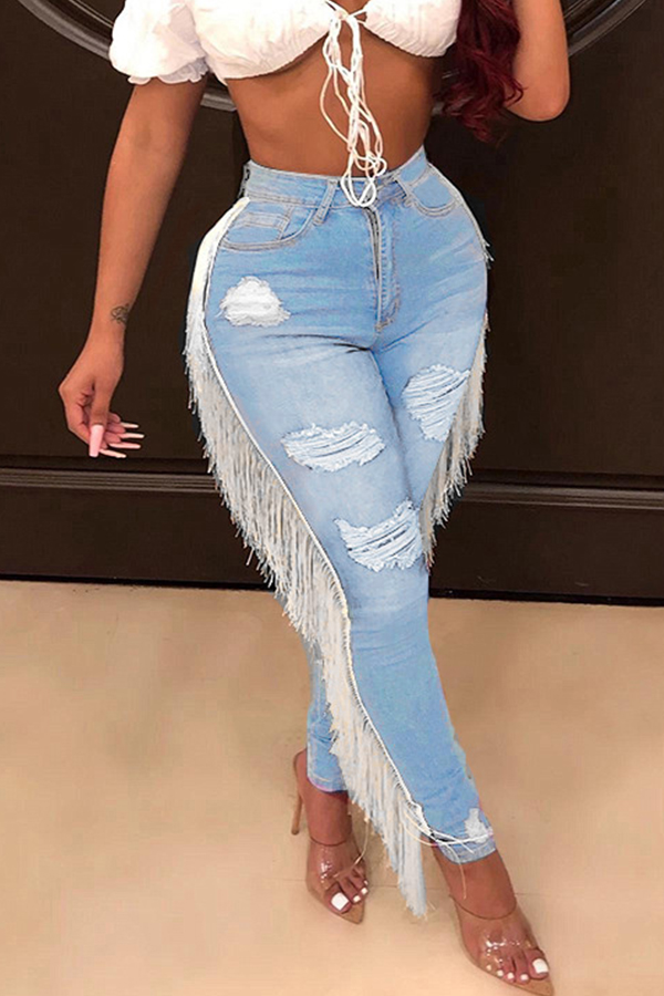 Lovely Trendy Tassel Design Baby Blue Jeans