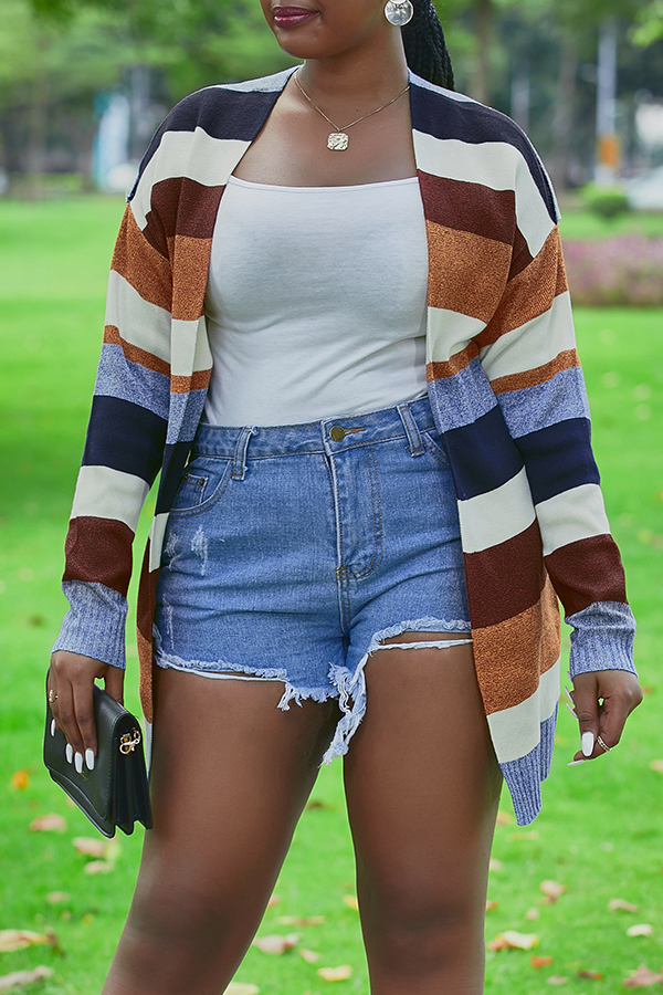 Lovely Casual Striped Long Multicolor Knitting Cardigan