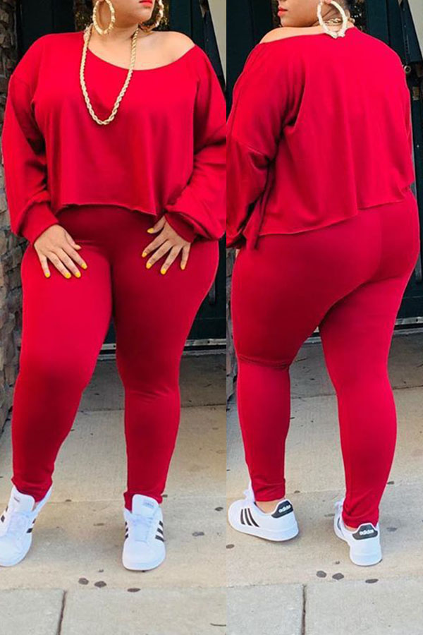 Lovely Casual O Neck Asymmetrical Red Plus Size Two-Piece Pants Set
