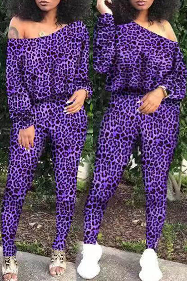 Lovely Casual Leopard Printed Purple Two-piece Pants Set
