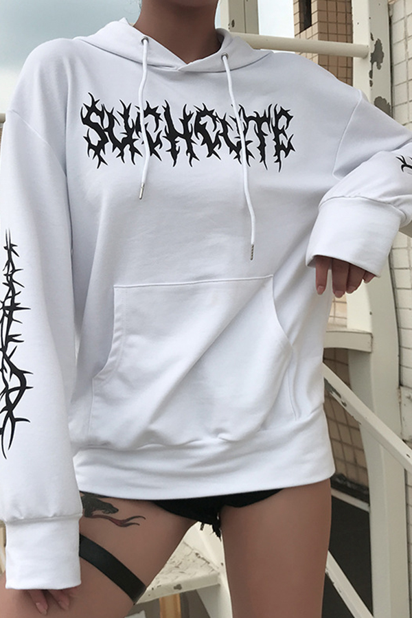 Lovely Trendy Hooded Collar Printed White Hoodie