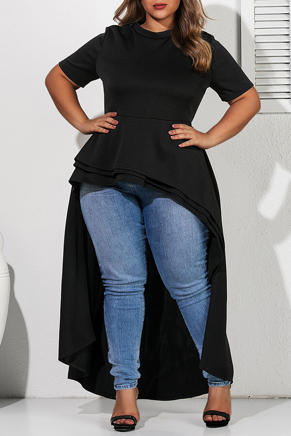 Lovely Casual Asymmetrical Black Plus Size Blouse