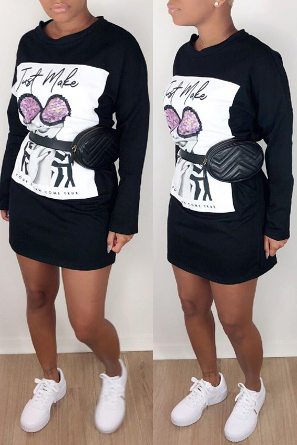 Lovely Casual Printed Black Mini Dress