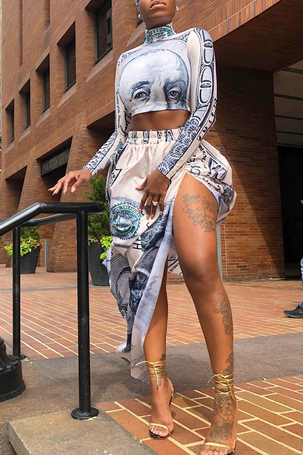 Lovely Chic Turtleneck Printed Grey Two-piece Skirt Set