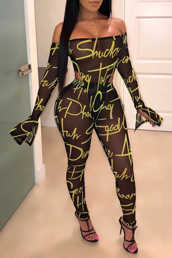 LW SXY See-through Printed Black Two-piece Pants Set