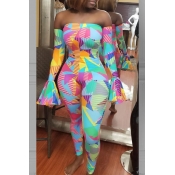 Lovely Casual Dew Shoulder Printed Multicolor One-