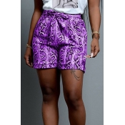 Lovely Casual Printed Lace-up Purple Shorts