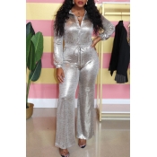 Lovely Casual Buttons Decorative Silver One-piece 