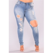Lovely Casual Hollow-out Baby Blue Plus Size Jeans