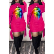 Lovely Casual Lip Printed Rose Red Mini Dress