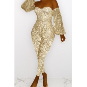 Lovely Casual Dew Shoulder Sequined Gold One-piece