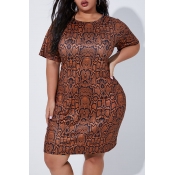 Lovely Trendy Printed Brown Mini Plus Size Dress