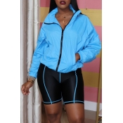 Lovely Casual Zipper Design Blue Coat