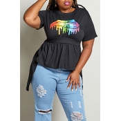Lovely Casual Lip Printed Black Plus Size T-shirt