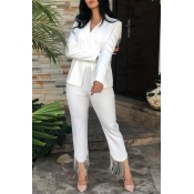 Lovely Work Deep V Neck White Two-piece Pants Set