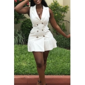 Lovely Casual Turndown Collar White Mini Dress