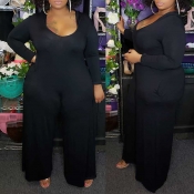 Lovely Casual U Neck Loose Black Plus Size One-pie