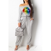 Lovely Casual Lip Printed Grey One-piece Jumpsuit