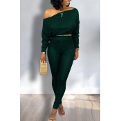 Lovely Trendy Dew Shoulder Green Two-piece Pants S