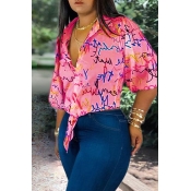 Lovely Casual Turndown Collar Print Pink Blouse