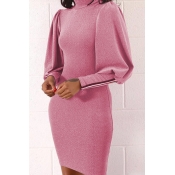 Lovely Casual Lantern Sleeve Pink Mini Dress