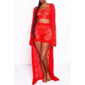 Lovely Sexy See-through Red Two-piece Shorts Set(W