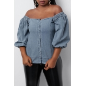 Lovely Trendy Buttons Design Blue Blouse