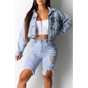 Lovely Leisure Turndown Collar Broken Holes Blue J