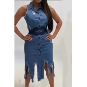 Lovely Casual Asymmetrical Baby Blue Denim Mid Cal