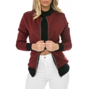 Lovely Casual Patchwork Wine Red Coat