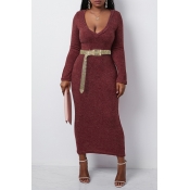 Lovely Casual V Neck Skinny Wine Red Ankle Length 
